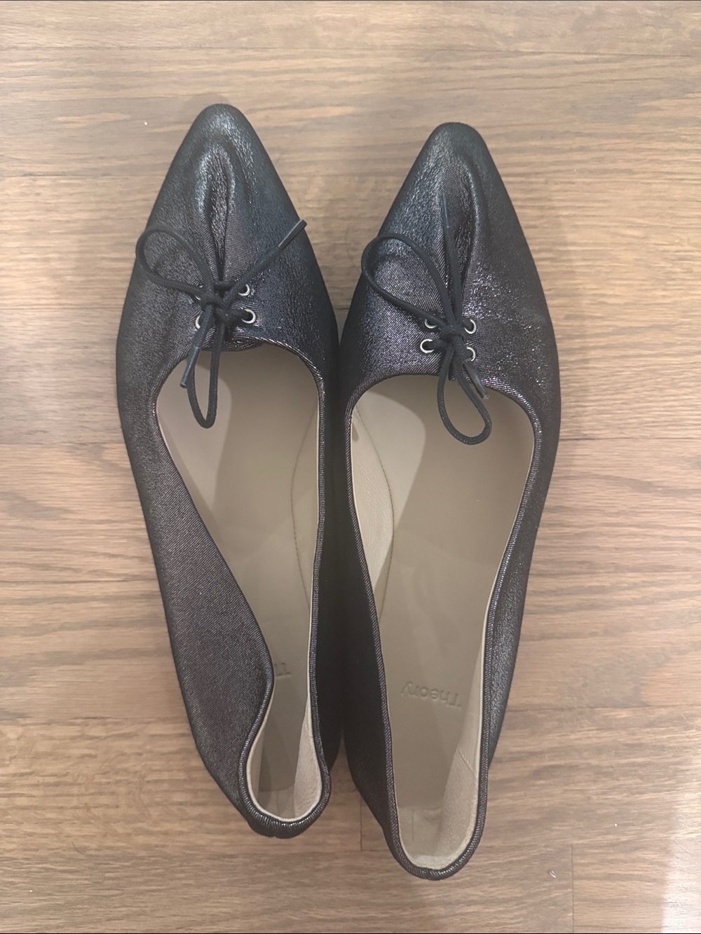 Theory Black Pointed Lace-Up Flats
